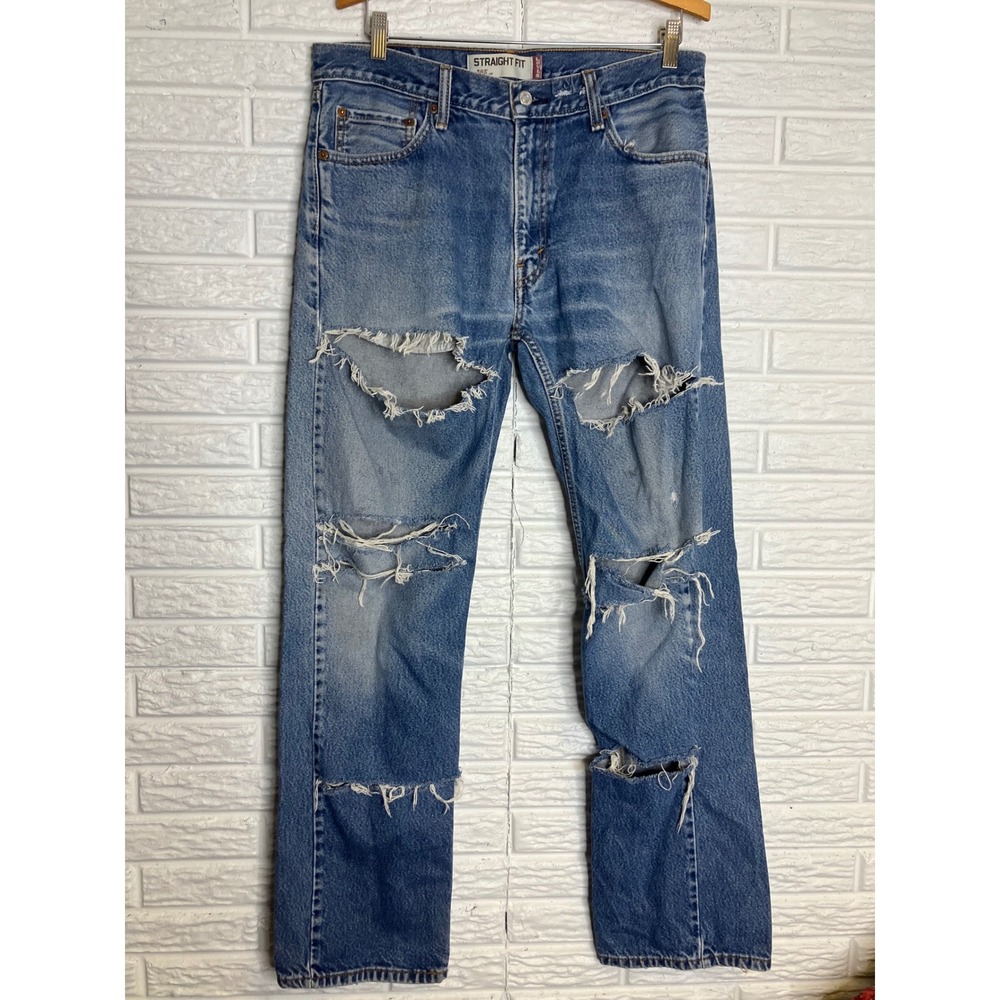 Levi's 505 Straight Fit Jeans Mens 34x34 Blue Good Distressed‎ Ripped Denim